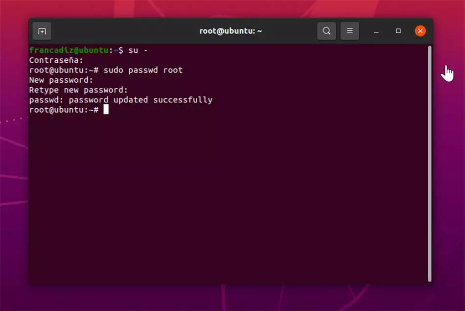 Terminal Linux changer le mot de passe root