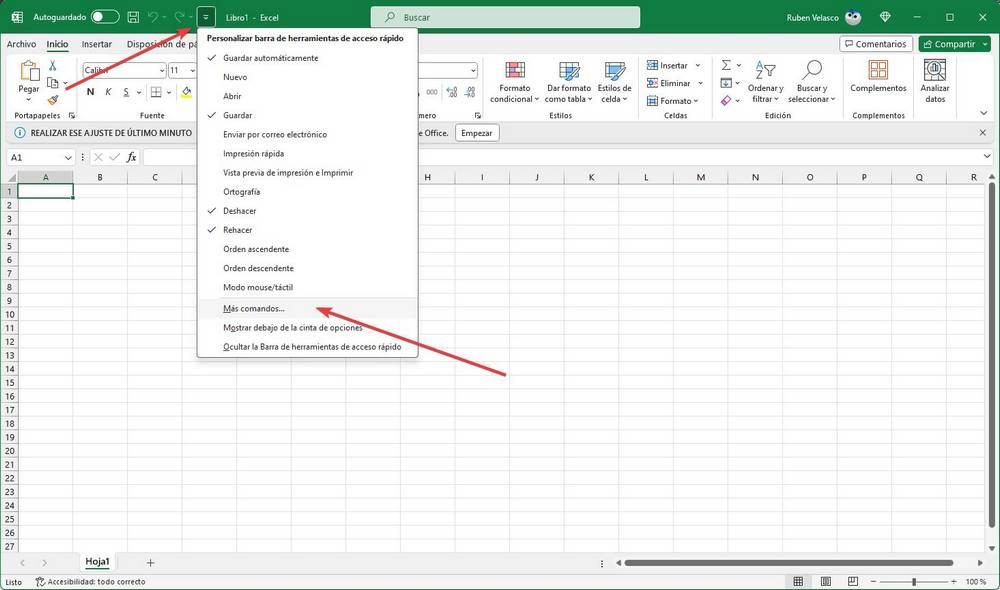 Barre d'outils du menu Excel 2