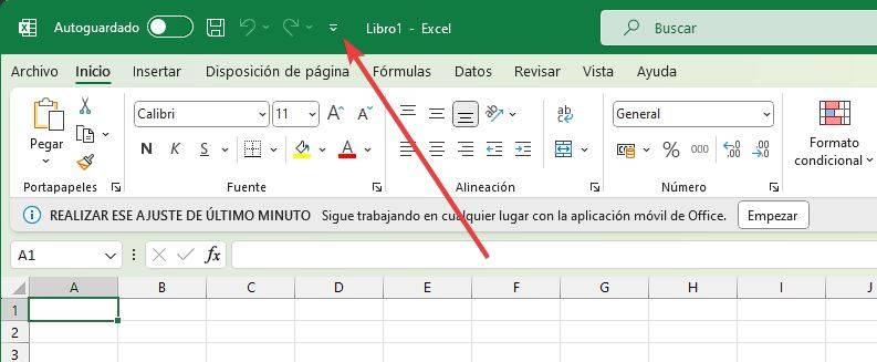 Barre d'outils du menu Excel 1